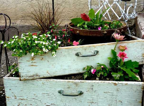 gavetas antigas de madeira em decoração de jardim