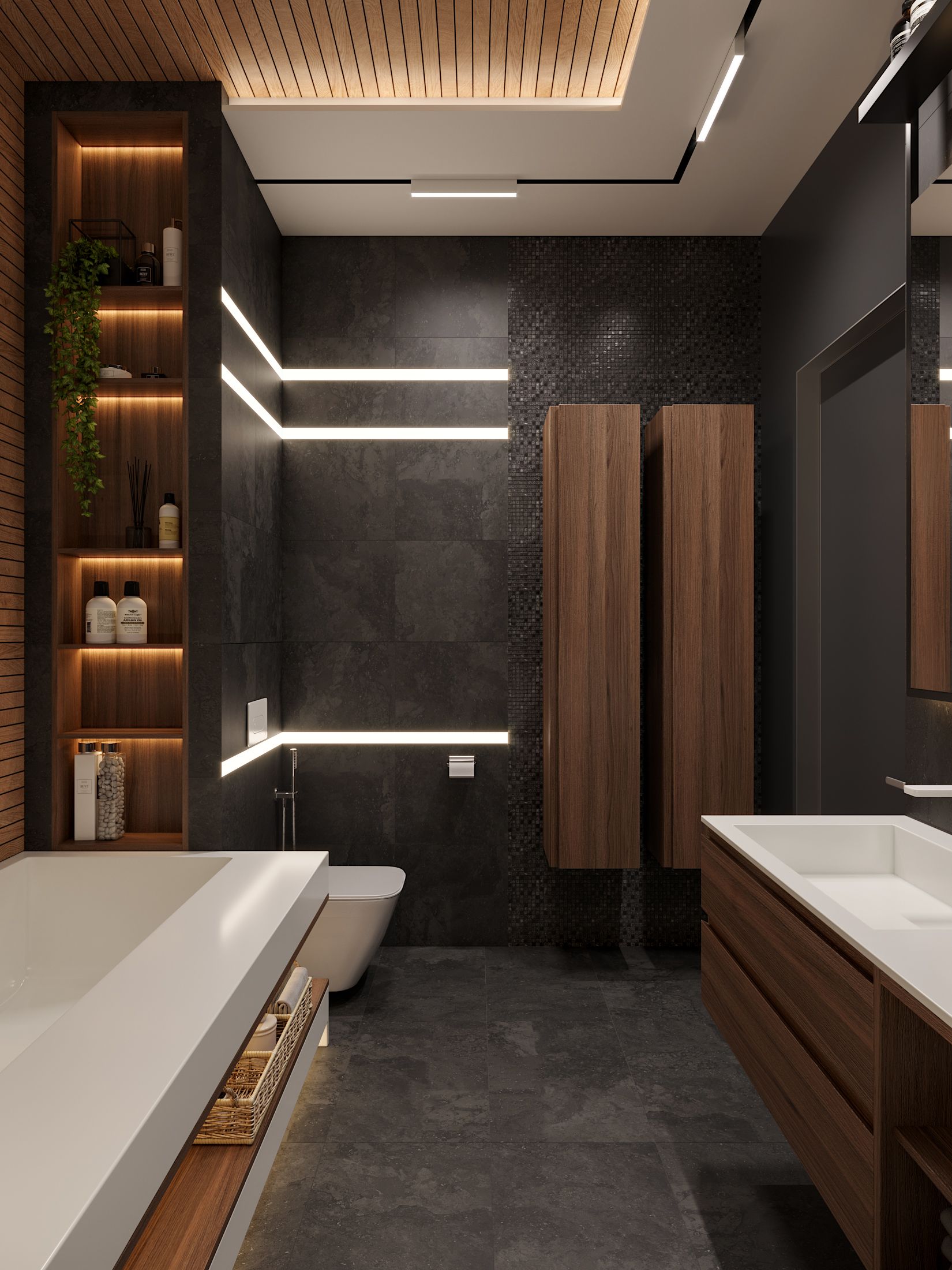 banheiro preto com madeira escura