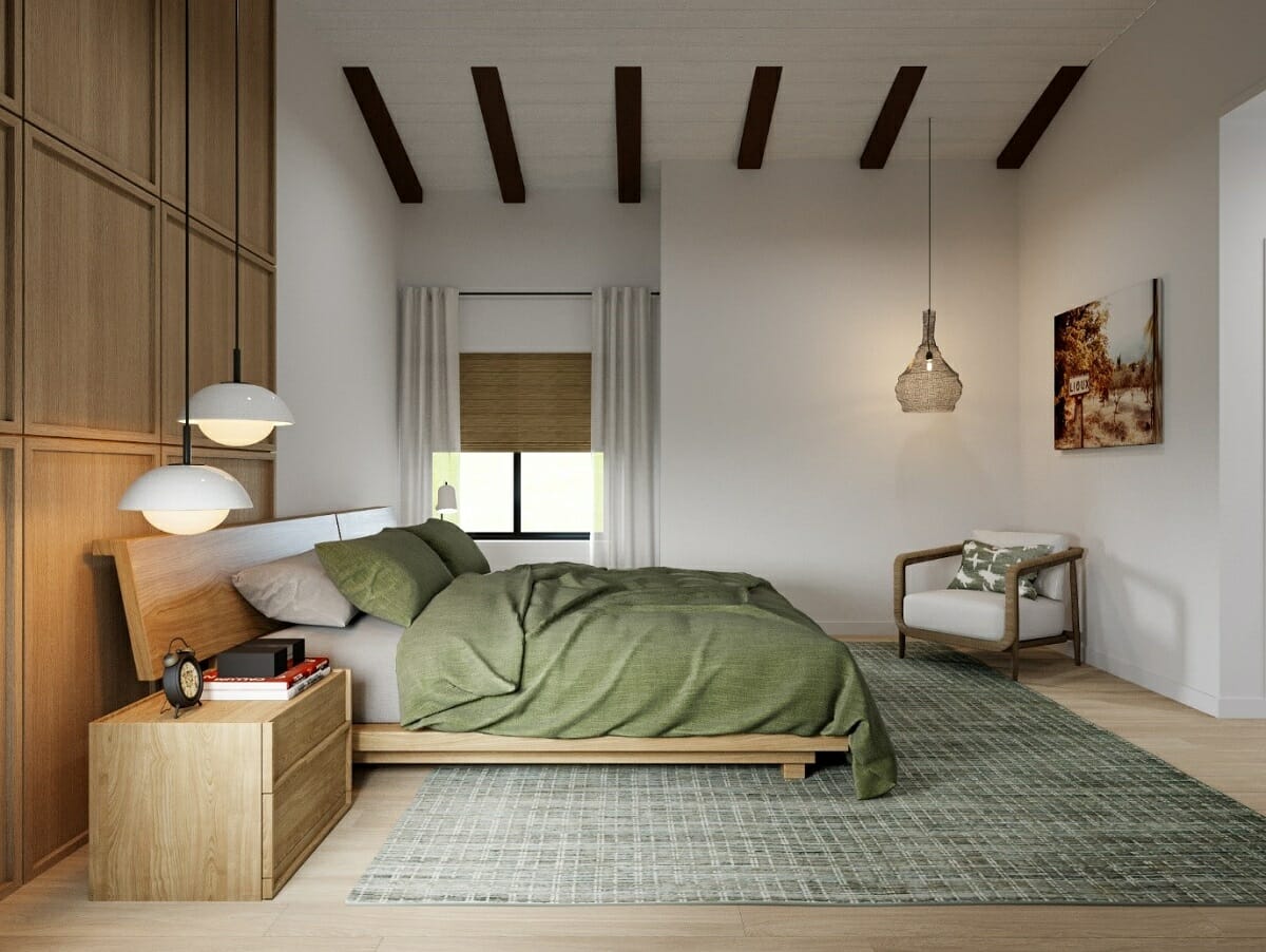 quarto de casal com móveis de madeira
