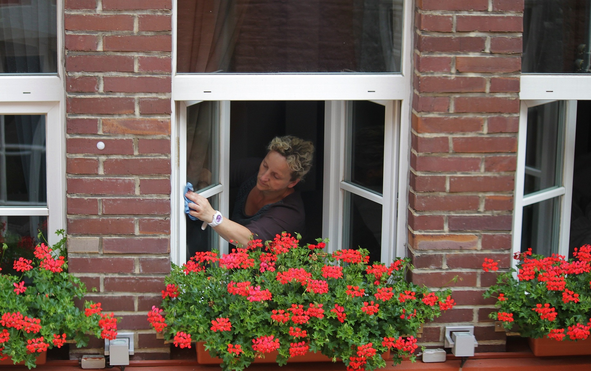 mulher limpando janela