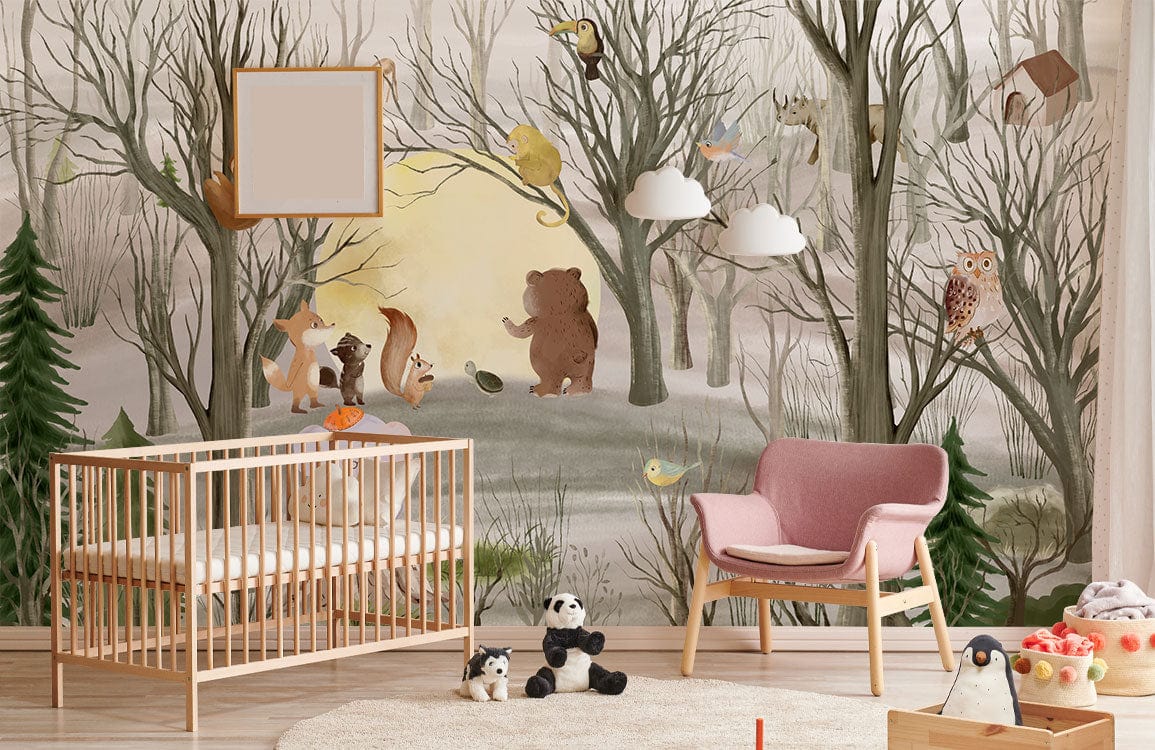 papel de parede de floresta em quarto de bebê