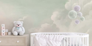 papel de parede de nuvens no quarto de bebê