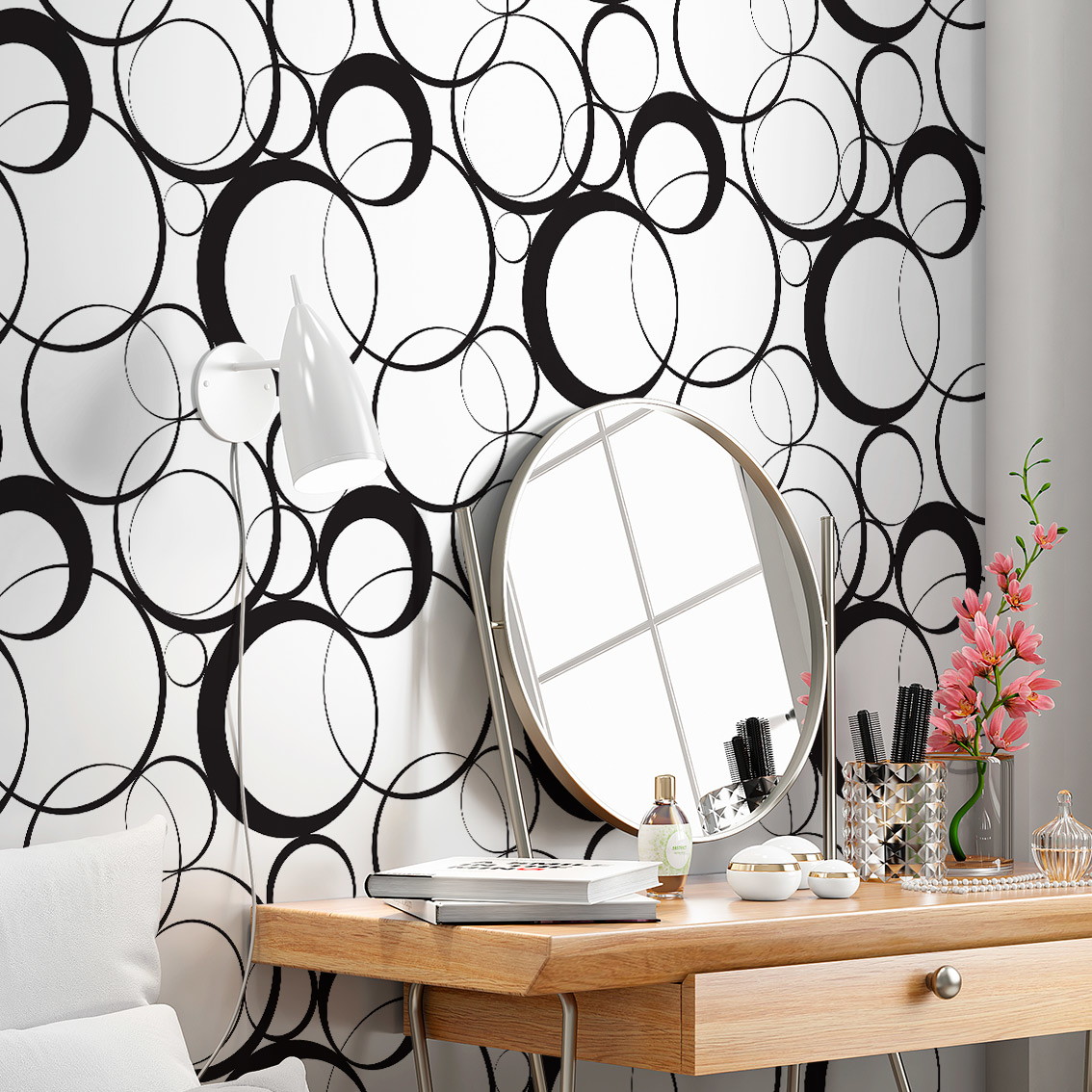 adesivo de parede preto e branco com círculos
