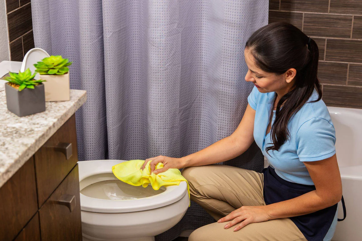 mulher limpando vaso sanitário