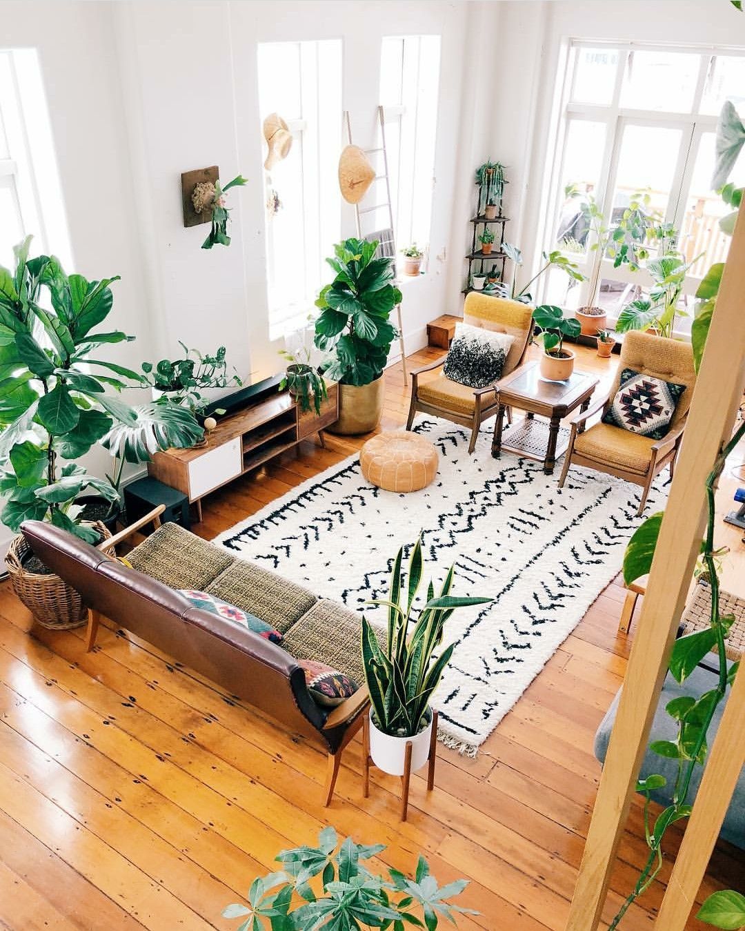 decoração de sala de estar com piso de madeira e plantas