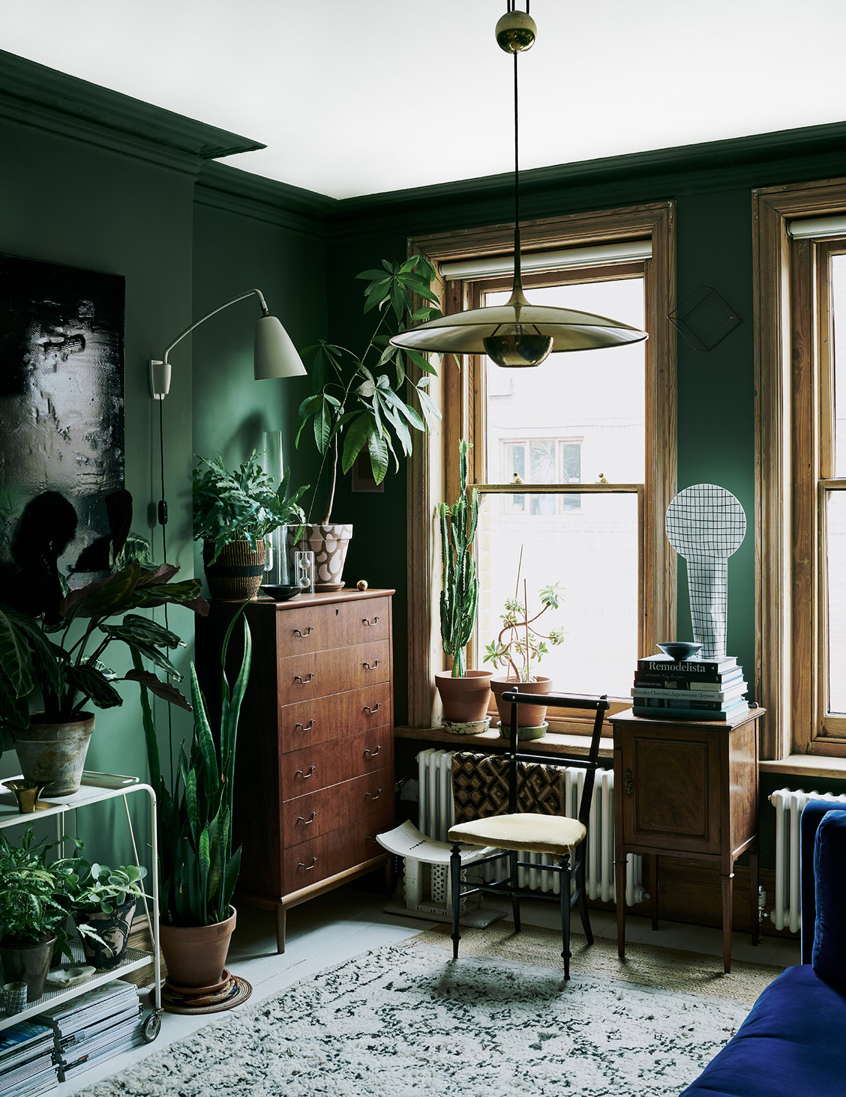 estilo urban jungle com parede verde-escura