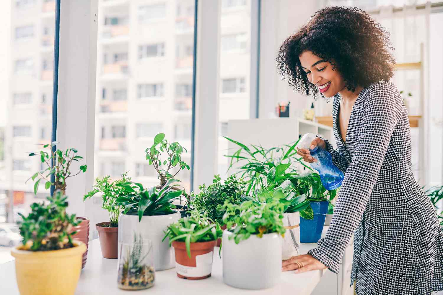 mulher regando plantas em apartamento