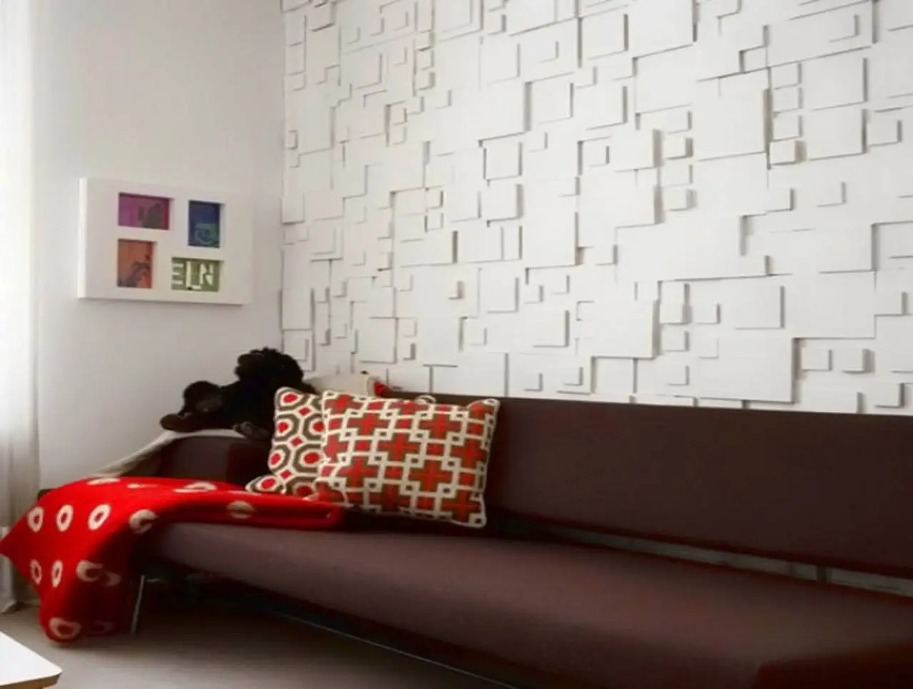 sala de estar com textura quadriculada na parede