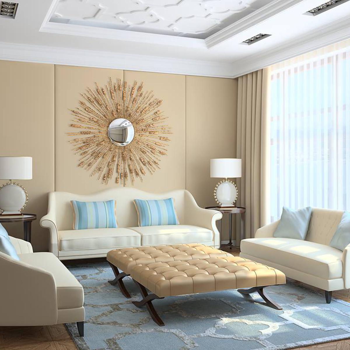 sala de estar decorada em bege e azul-claro