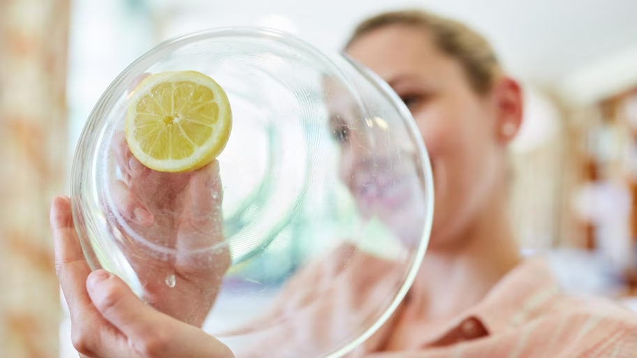 mulher usando limão para limpeza de utensílio de vidro