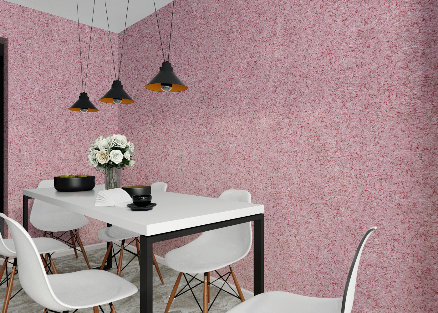 sala de jantar com papel de parede líquido cor-de-rosa