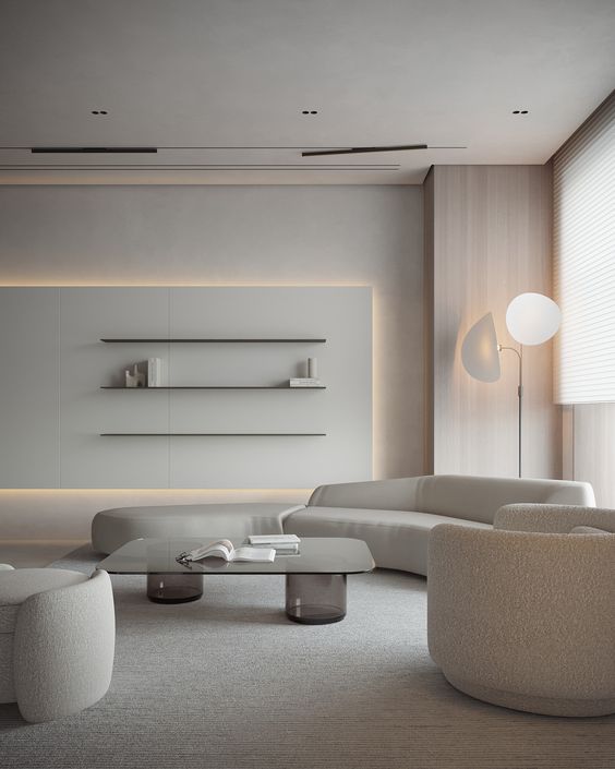 sala minimalista comn cores neutras e madeira clara