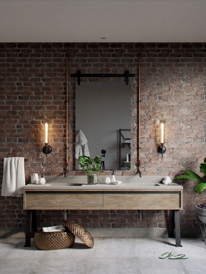banheiro em estilo industrial com tijolinhos expostos