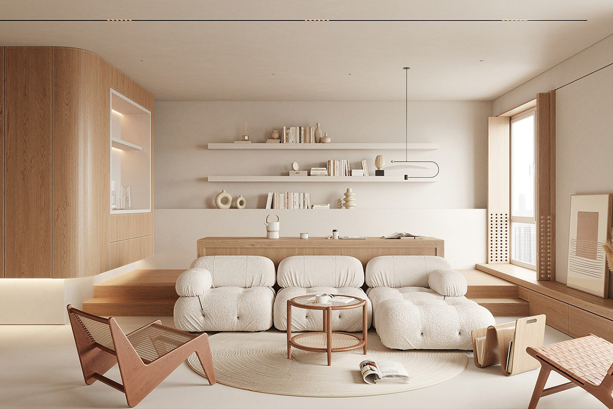 espaço minimalista com madeira clara