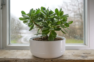 planta jade em janela