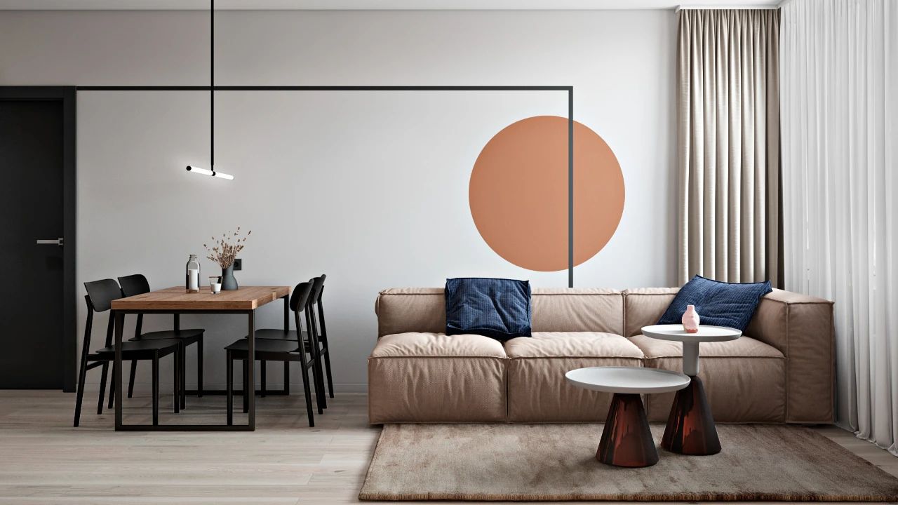 sala de estar minimalista com detalhe de cor em parede