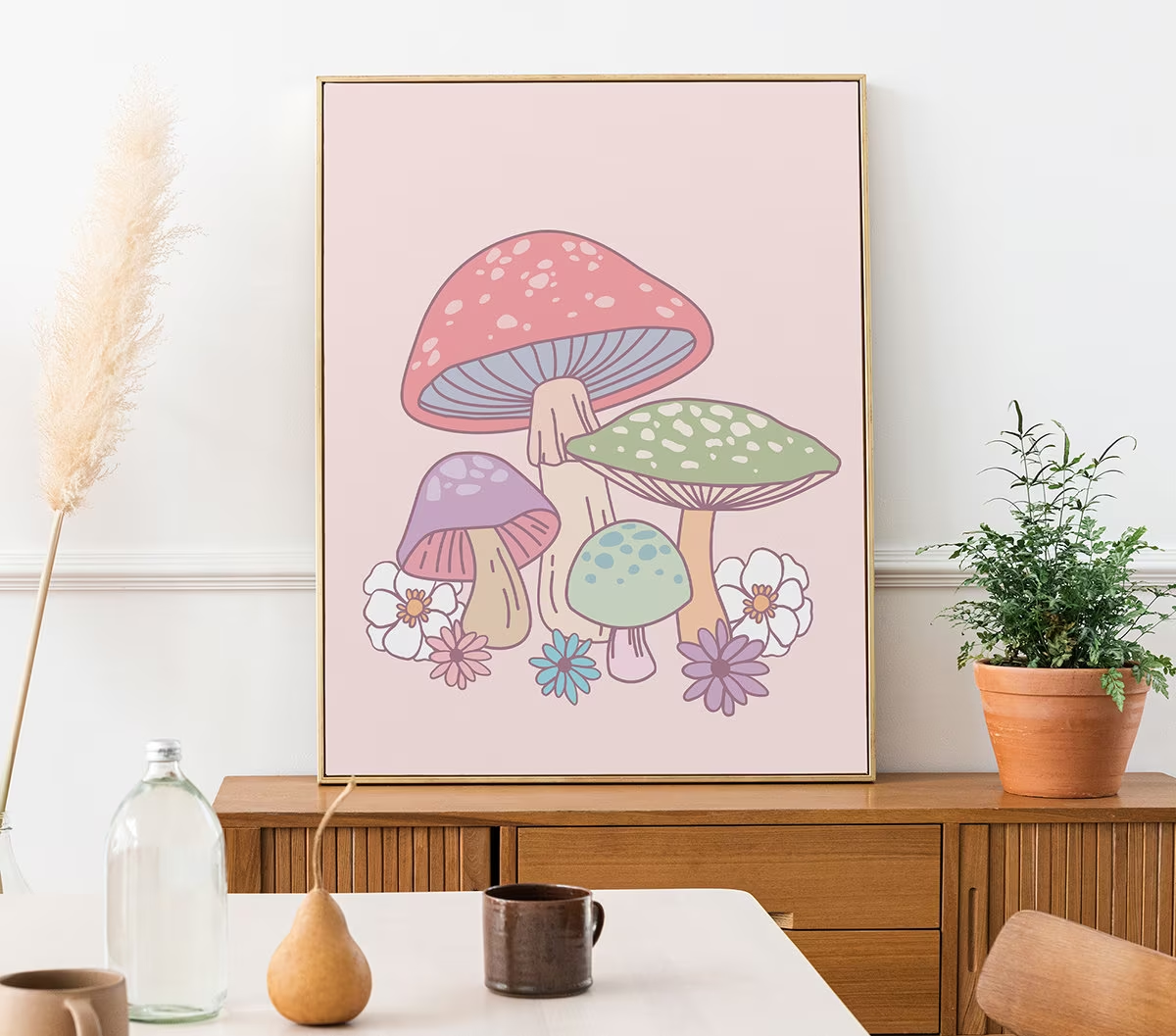 quadro de cogumelos em tons pastel