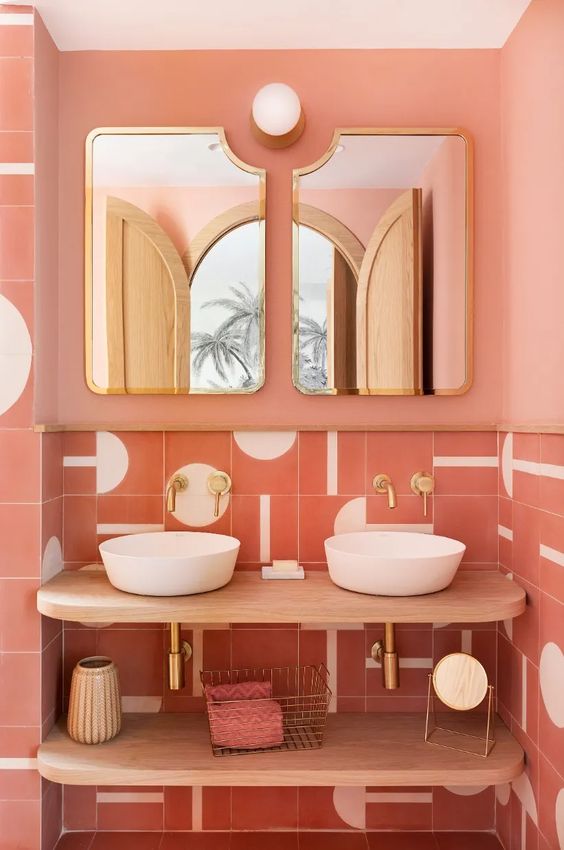 banheiro rosa com cuba dupla