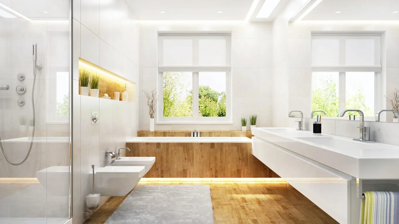 banheiro com piso de madeira