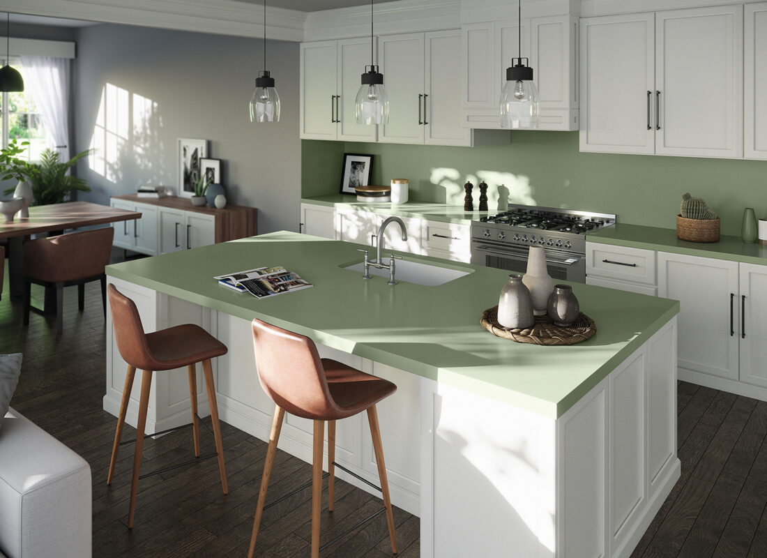 cozinha com bancada de quartzo verde-claro