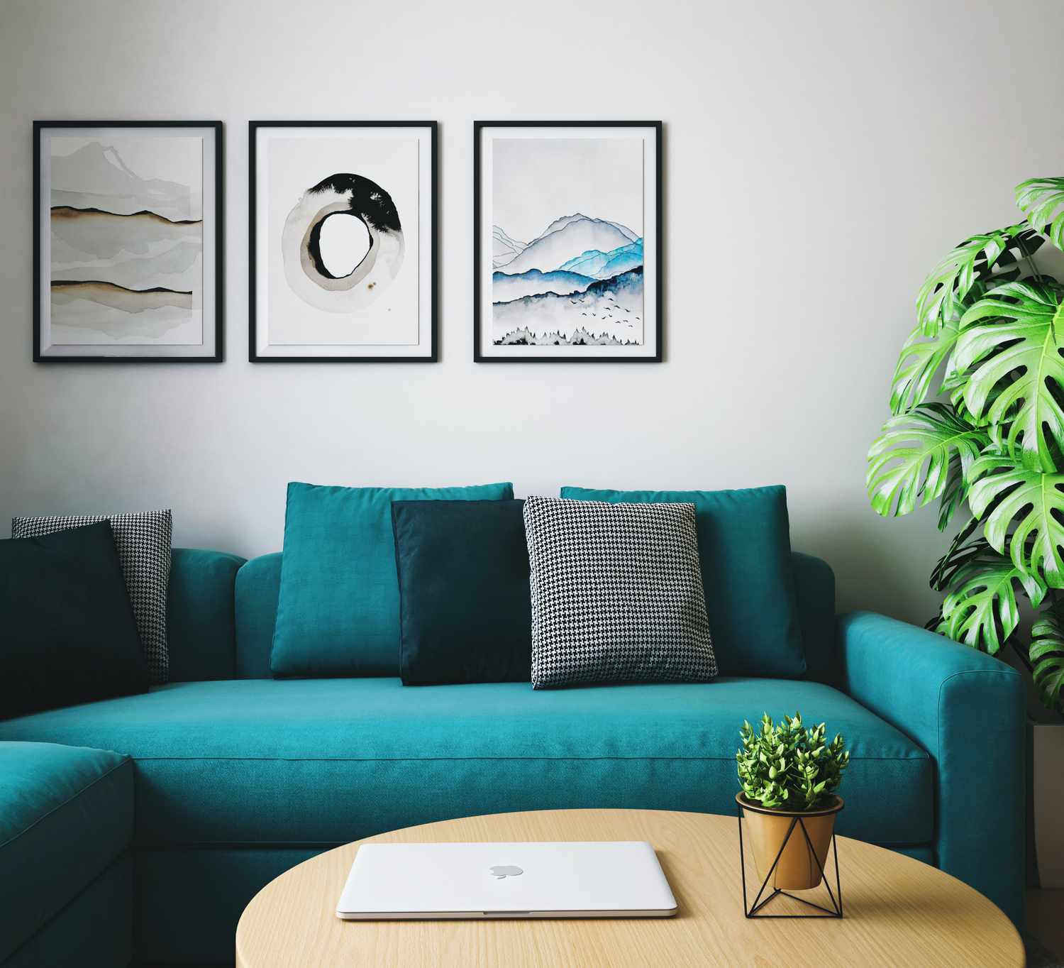 sala de estar com sofá azul