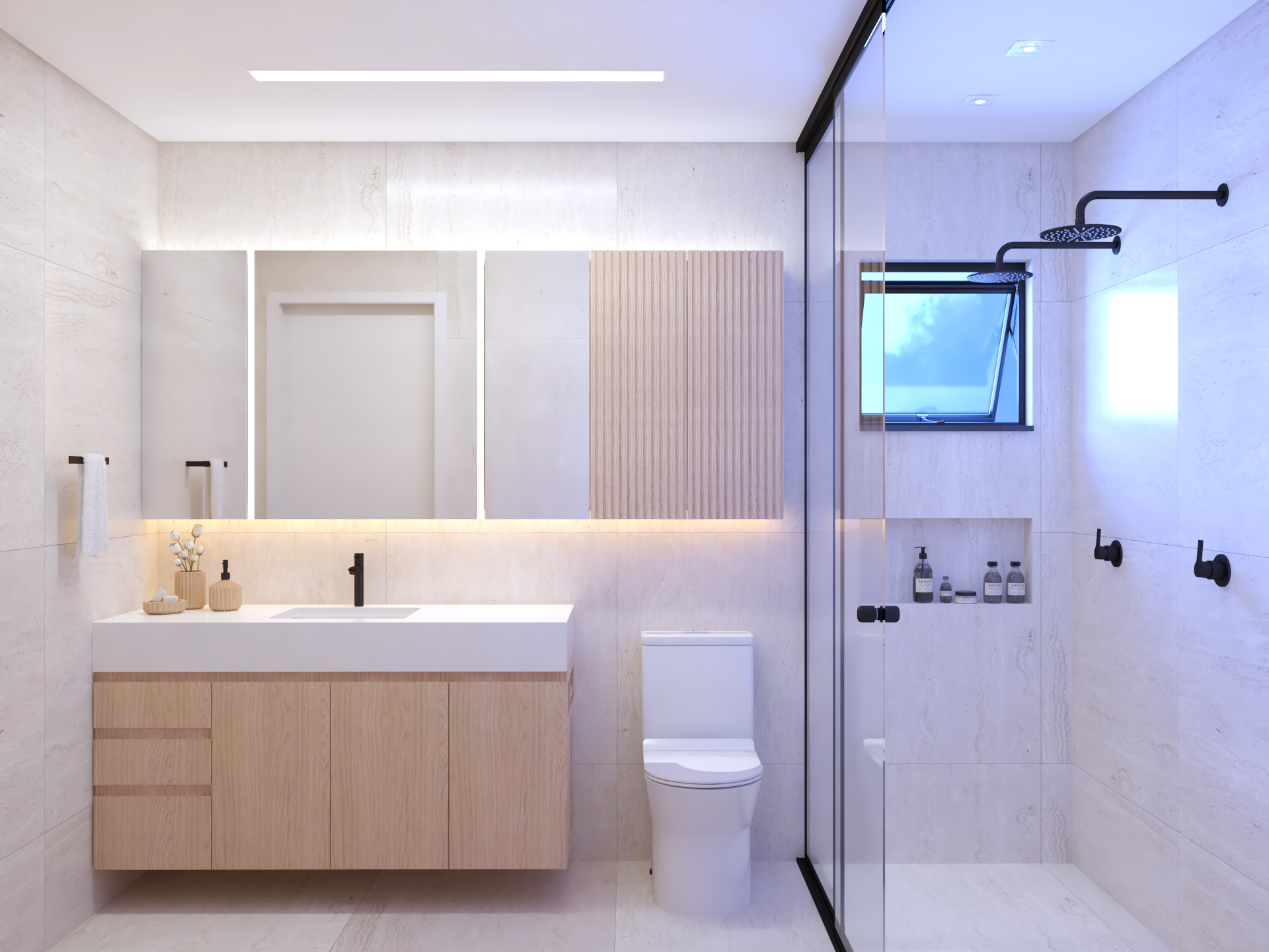 bathroom with mirror cabinet and front lighting