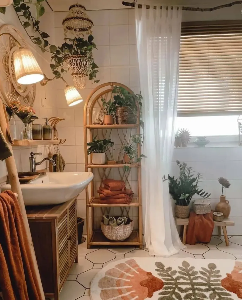 banheiro boho com várias plantas