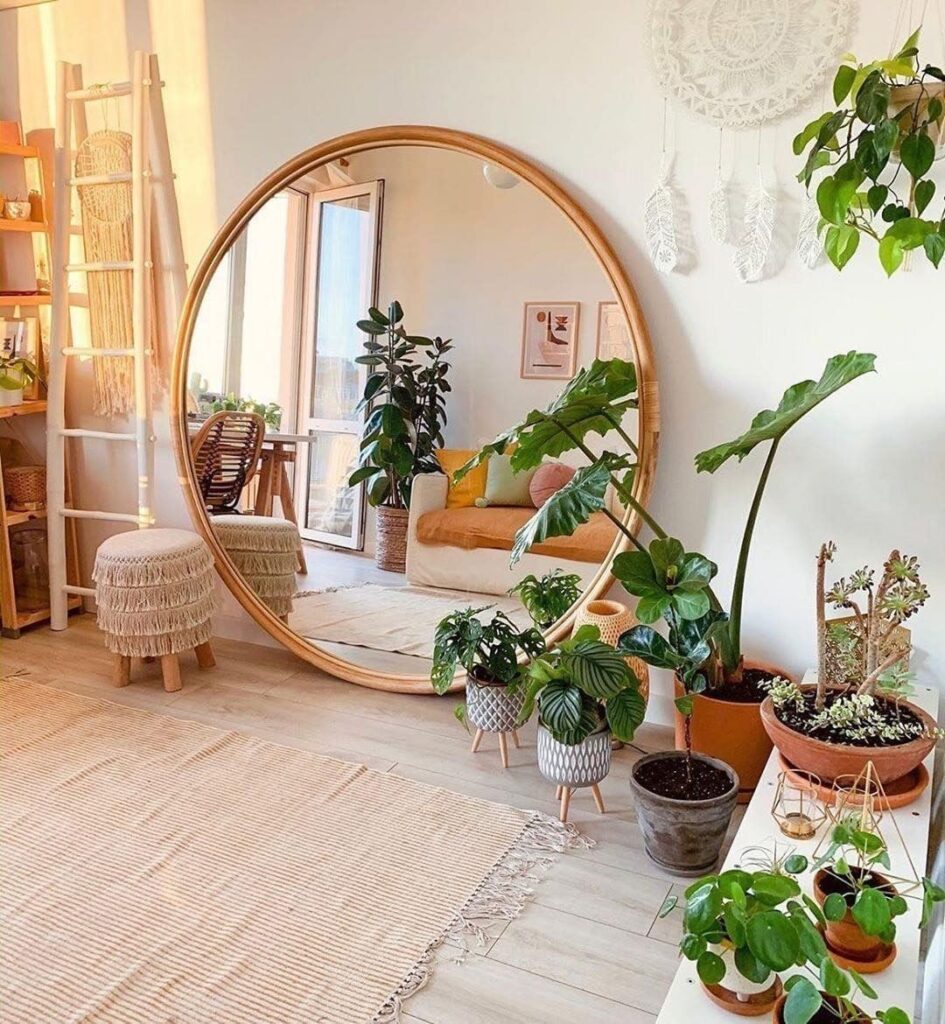 space with round mirror and plants