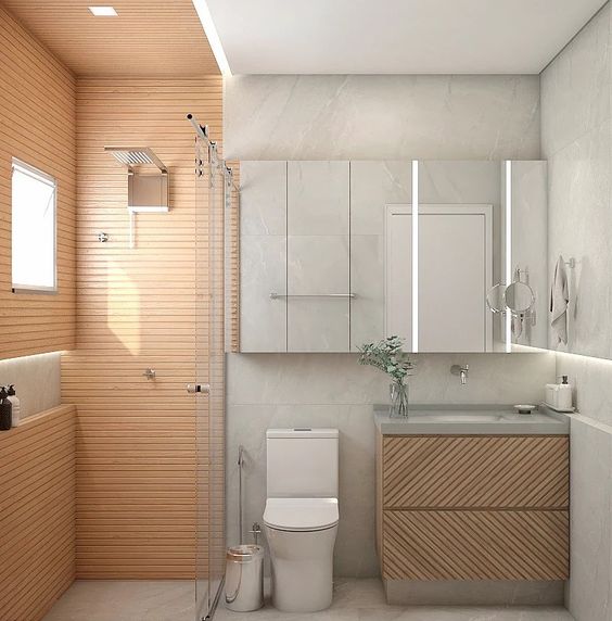 bathroom with slatted paneling in the shower