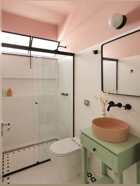 colorful bathroom with pink ceiling