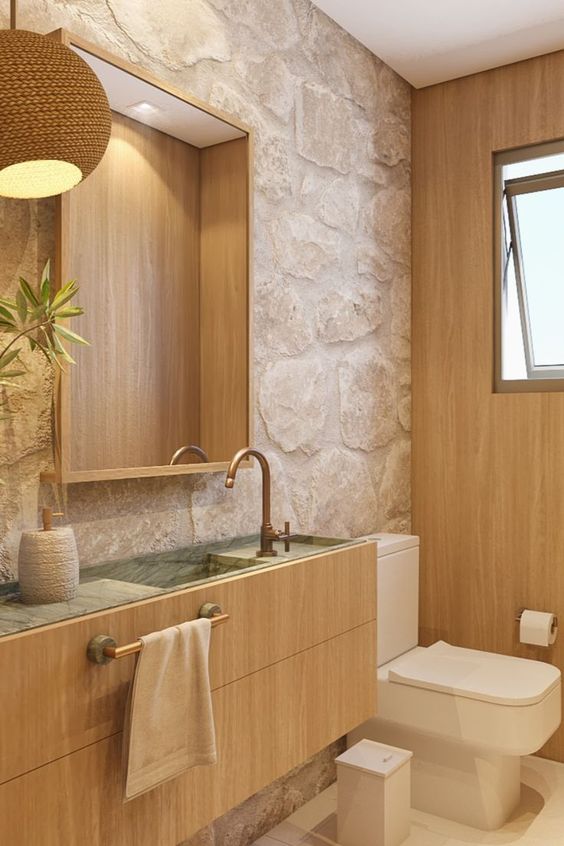 banheiro pedra a madeira