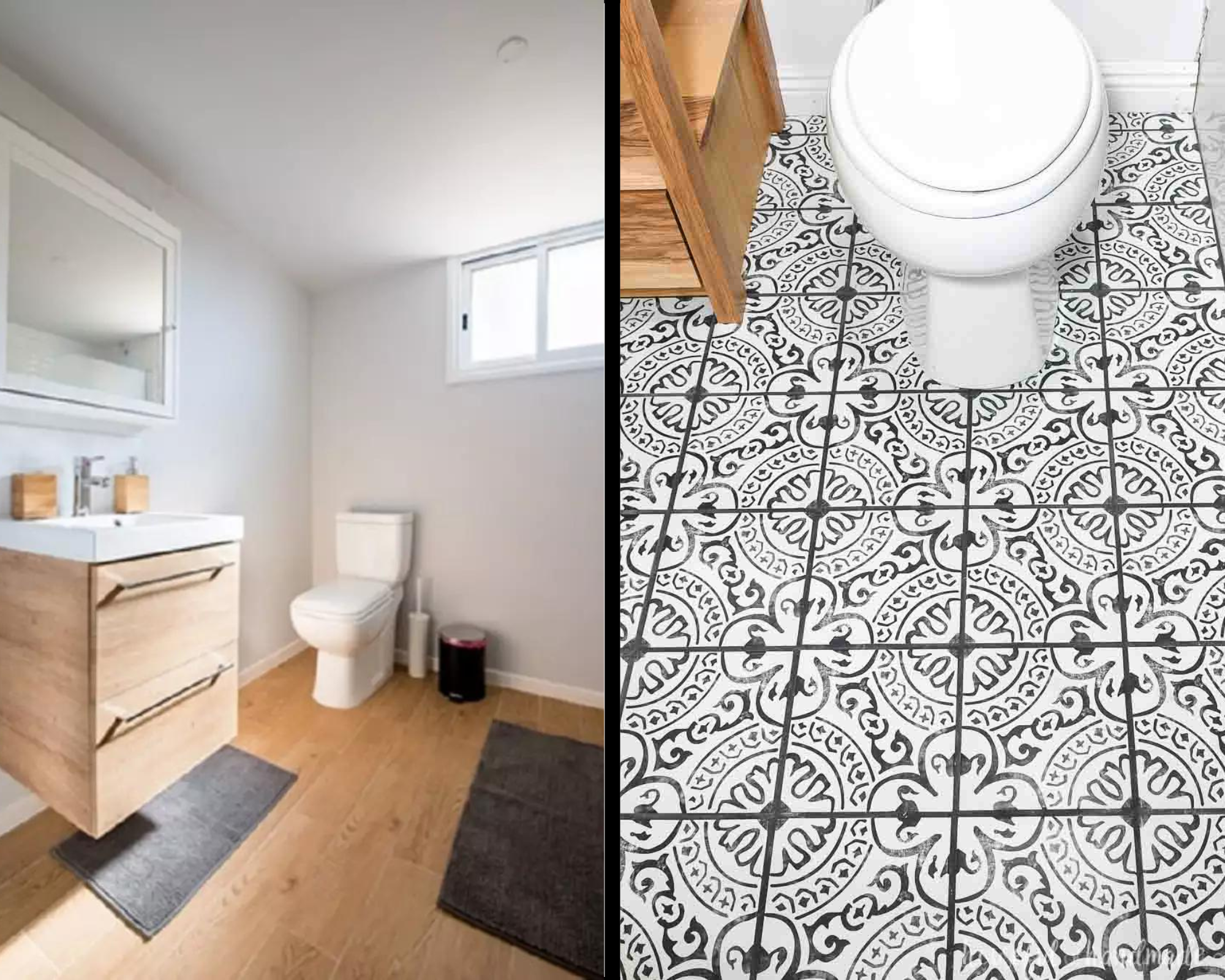 banheiros com piso de madeira e de azulejo