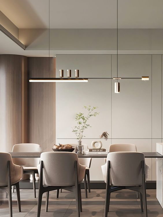 sala de jantar minimalista com luminária de design elegante