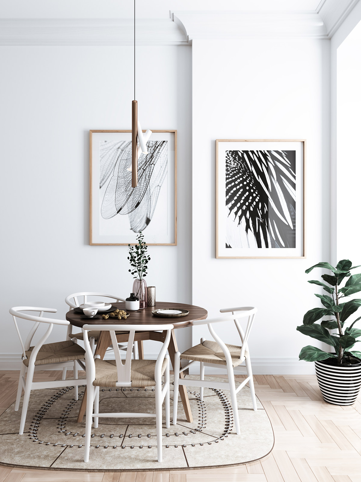 sala de jantar minimalista com quadros