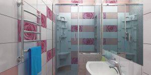banheiro feminino com azulejos de rosas