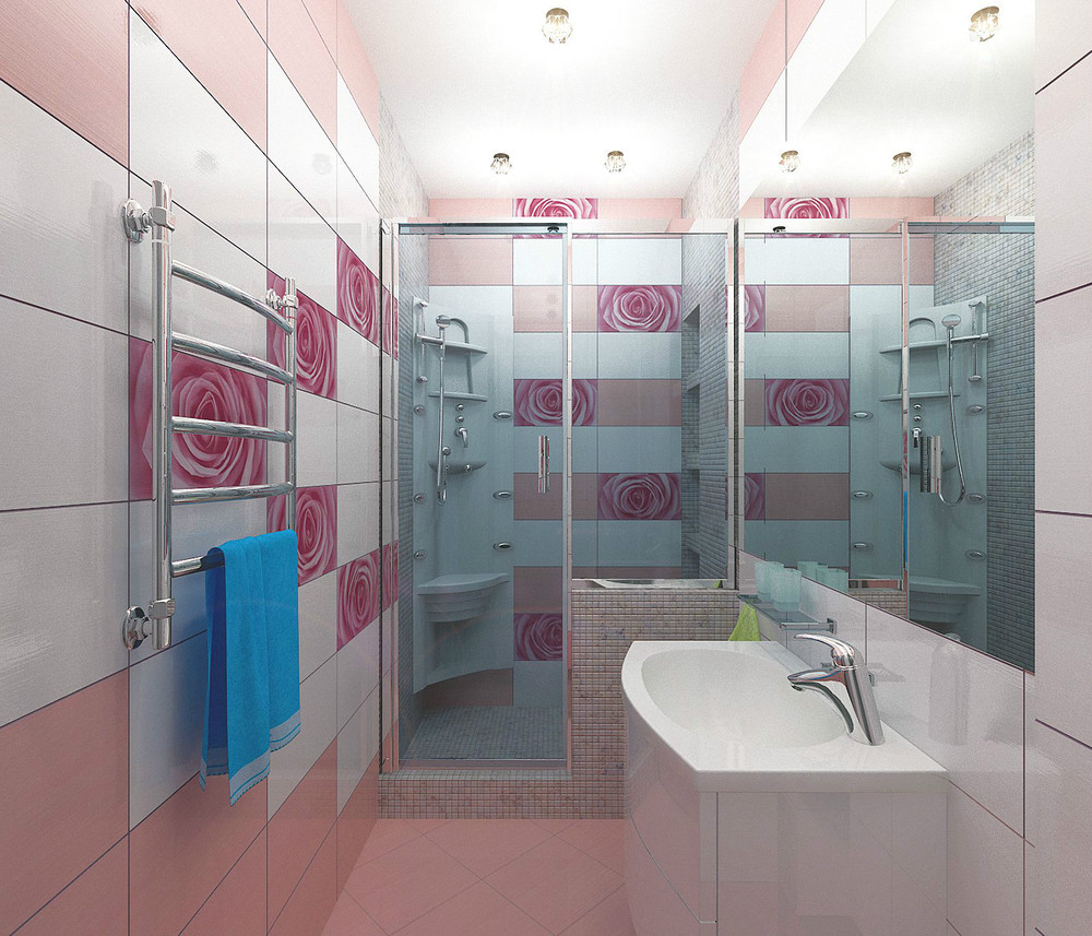 banheiro feminino com azulejos de rosas