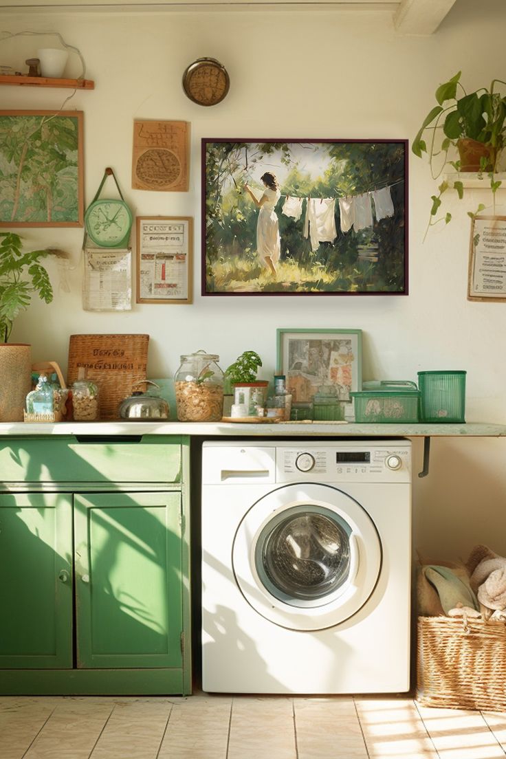 lavanderia com móveis em tom verde