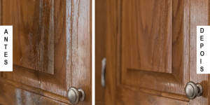 limpeza de porta de armário de madeira antes e depois