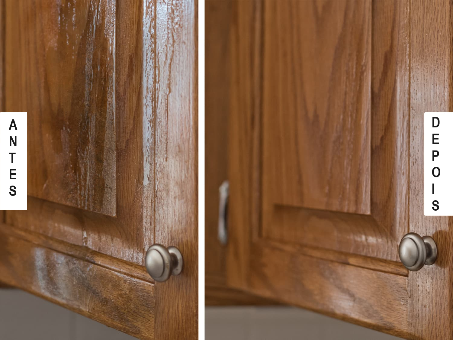 limpeza de porta de armário de madeira antes e depois