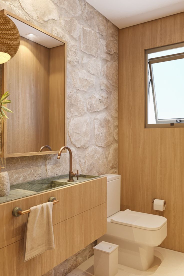 banheiro revestimento pedra e madeira