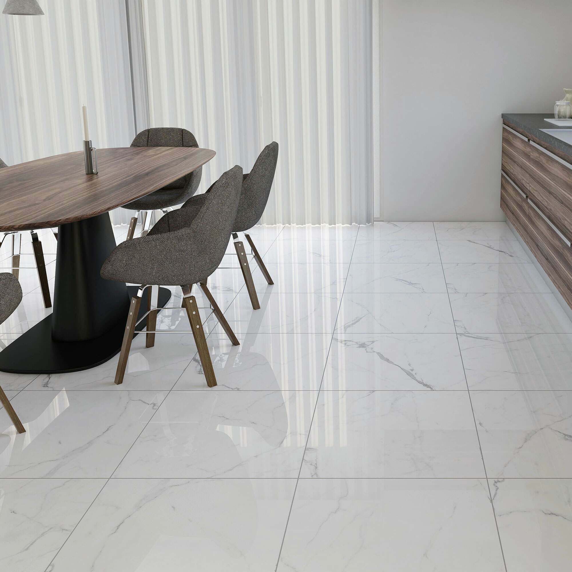 piso retificado com efeito de mármore em sala de jantar