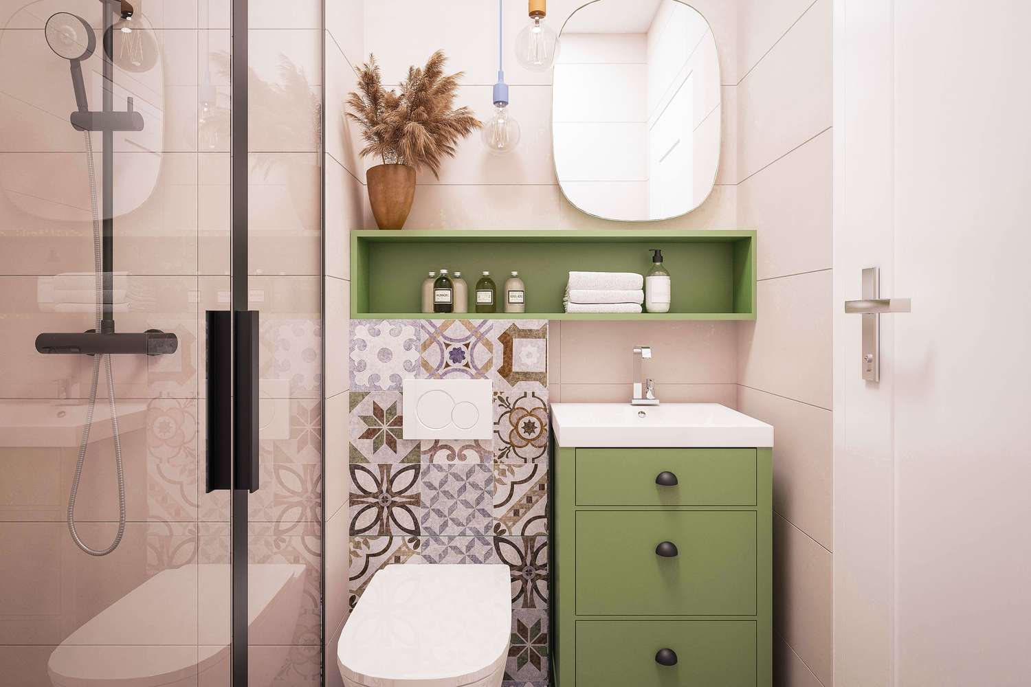 banheiro pequeno com móveis em tom verde