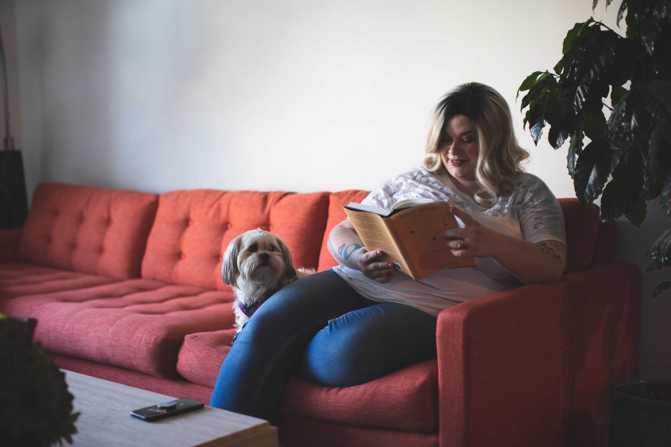 mulher lendo livro e cachorro deitado em sofá
