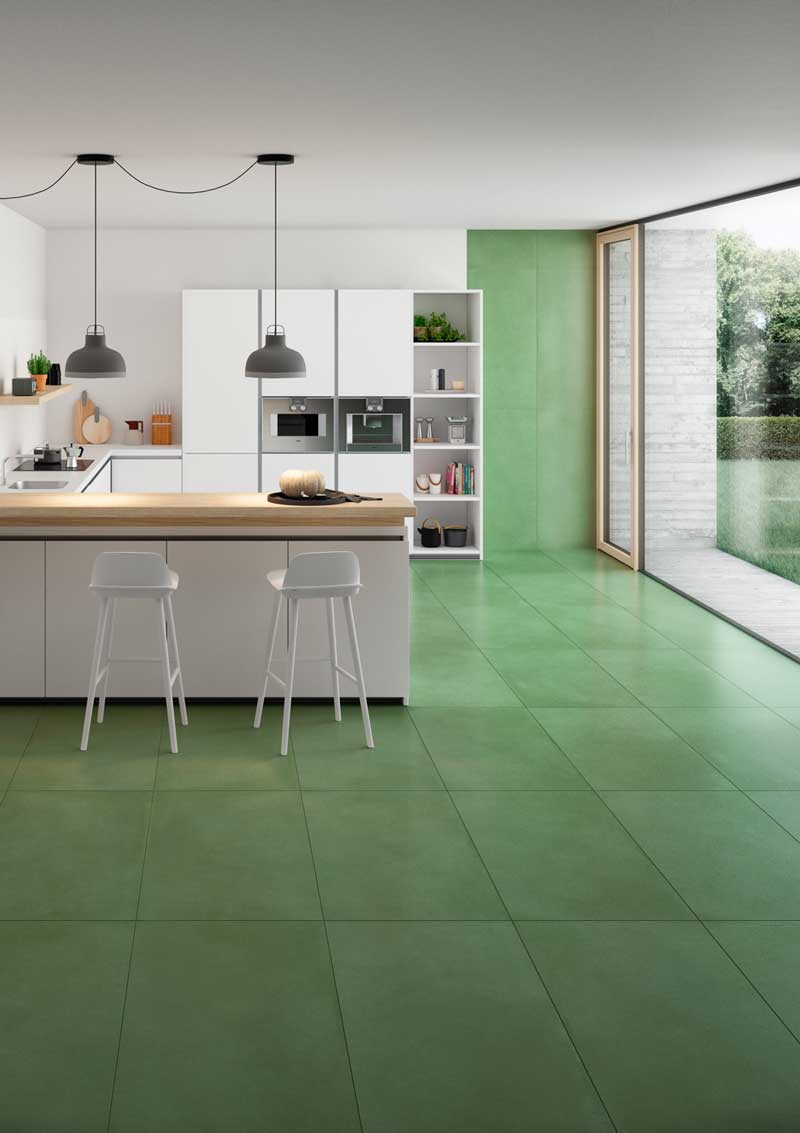 porcelanato verde no piso da cozinha