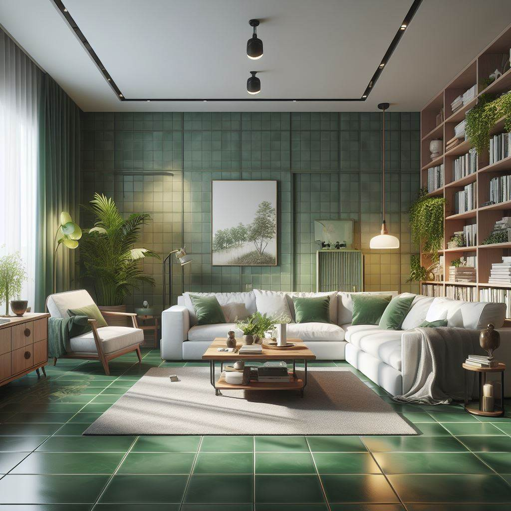 sala de estar com porcelanato verde em piso e parede