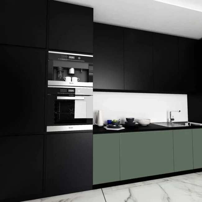 cozinha com armários pretos que camuflam eletrodomésticos