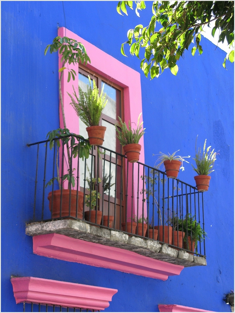 janela rosa em casa azul
