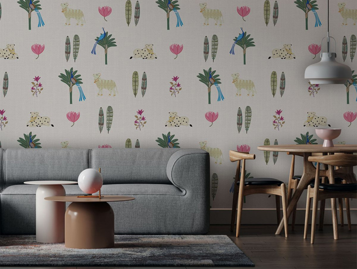 papel de parede minimalista em sala de estar e jantar integradas