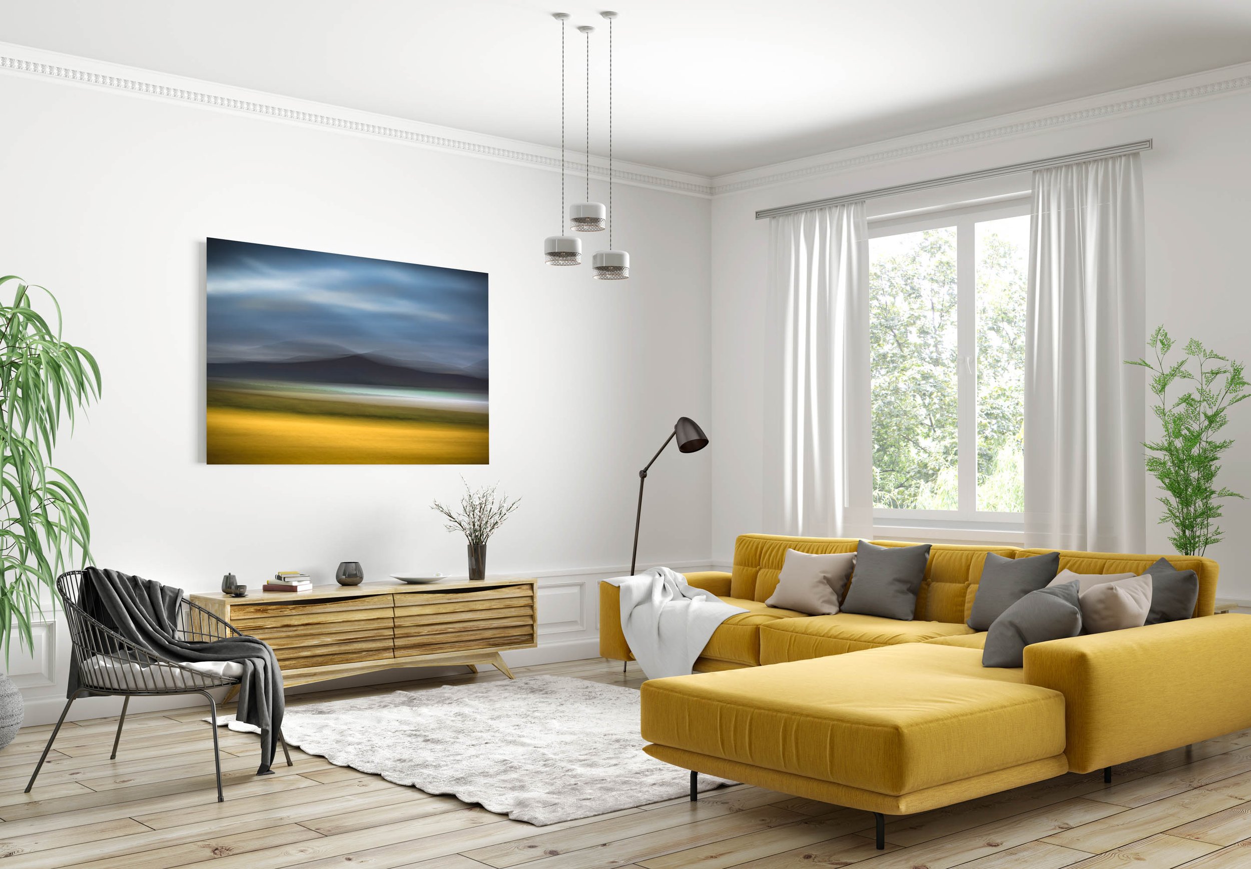 quadro grande em parede de sala com sofá amarelo