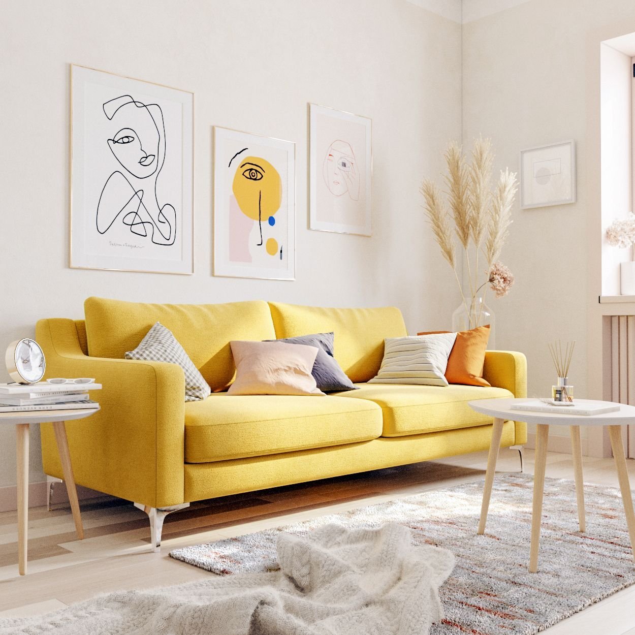 sofá amarelo em sala neutra